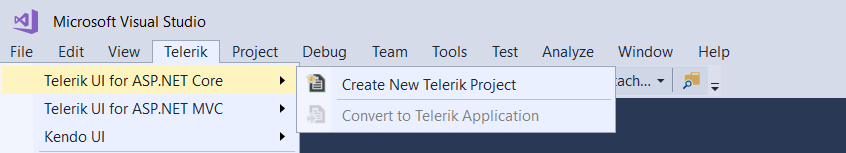 UI for ASP.NET Core Visual Studio 2017 Extensions menu