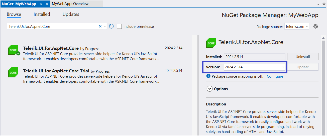 UI for ASP.NET Core Installing a specified package version