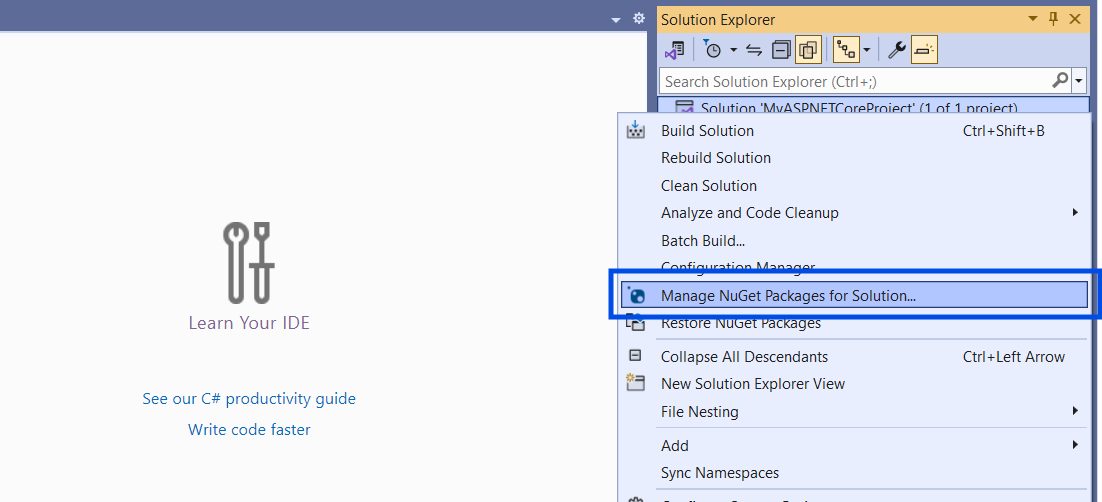 UI for ASP.NET Core Locating and opening the NuGet package manager menu