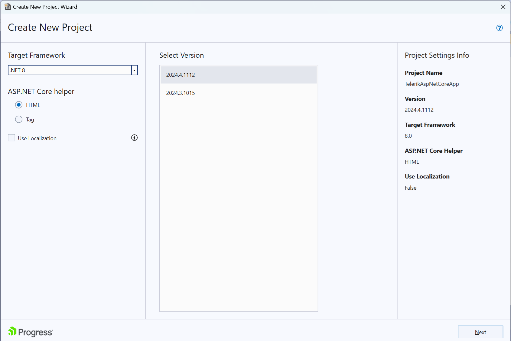 UI for ASP.NET Core The ASP.NET version options