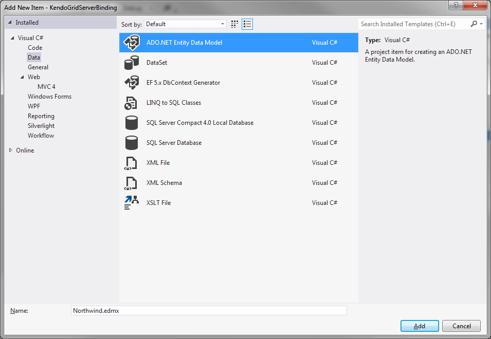 UI for ASP.NET MVC A new entity data model