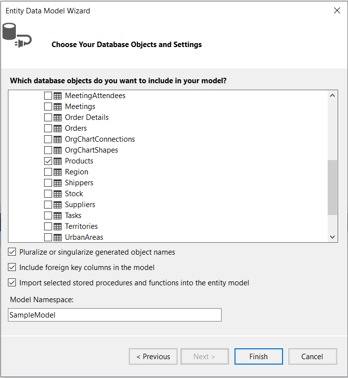 UI for ASP.NET MVC Choosing the Product table in the database objects