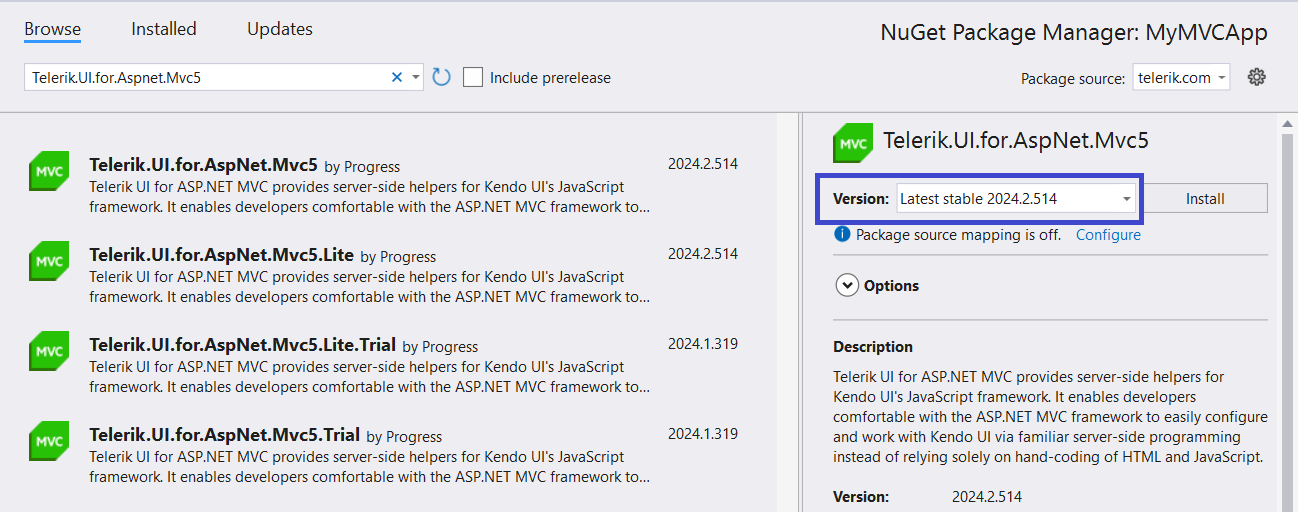 UI for ASP.NET MVC Installing a specified package version