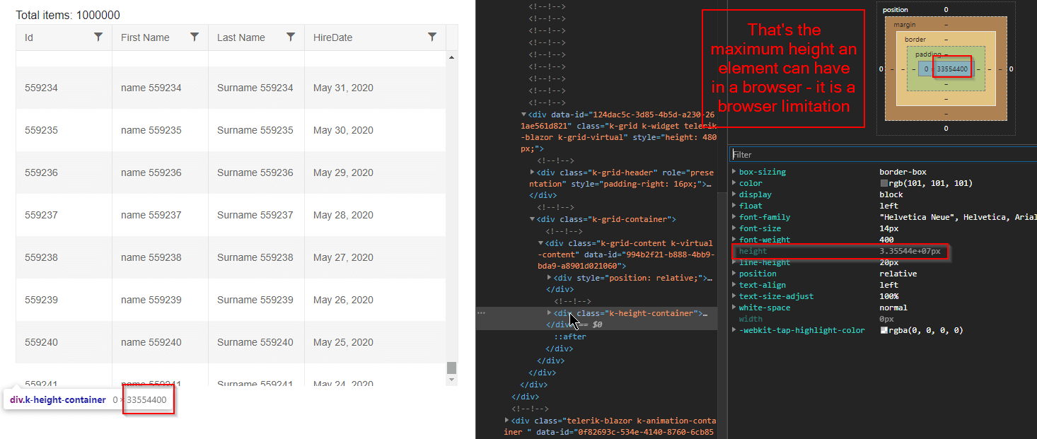 browser limitation of element height limits the number of records the grid can show with virtualization