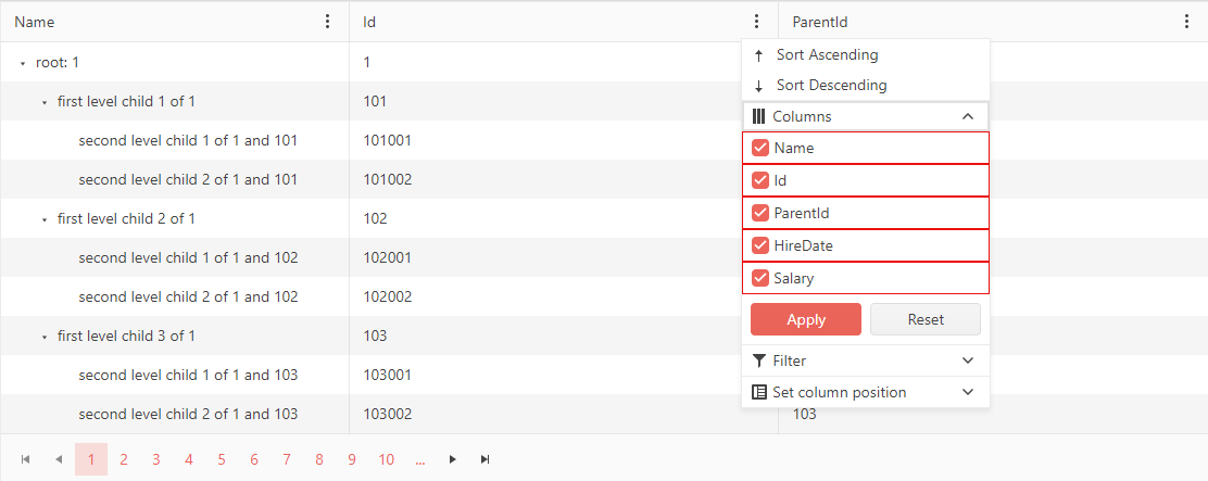 Templated Column Chooser example with the TreeList component for Blazor