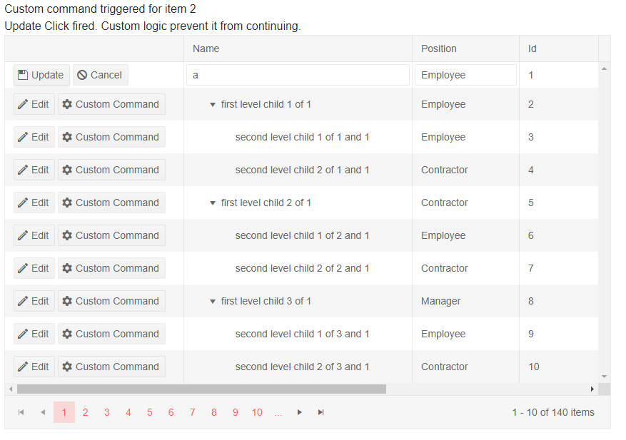 Blazor TreeList Command Column Result
