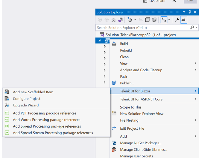 Start the Document Processing Libraries Wizard from the context menu of a Telerik UI for Blazor app