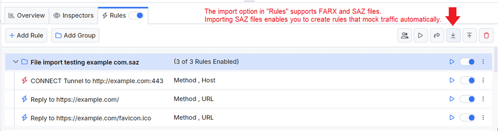 Loading SAZ in RUles tab to automaticaly created a set of new rules