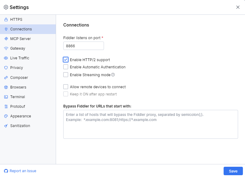 default Connections settings