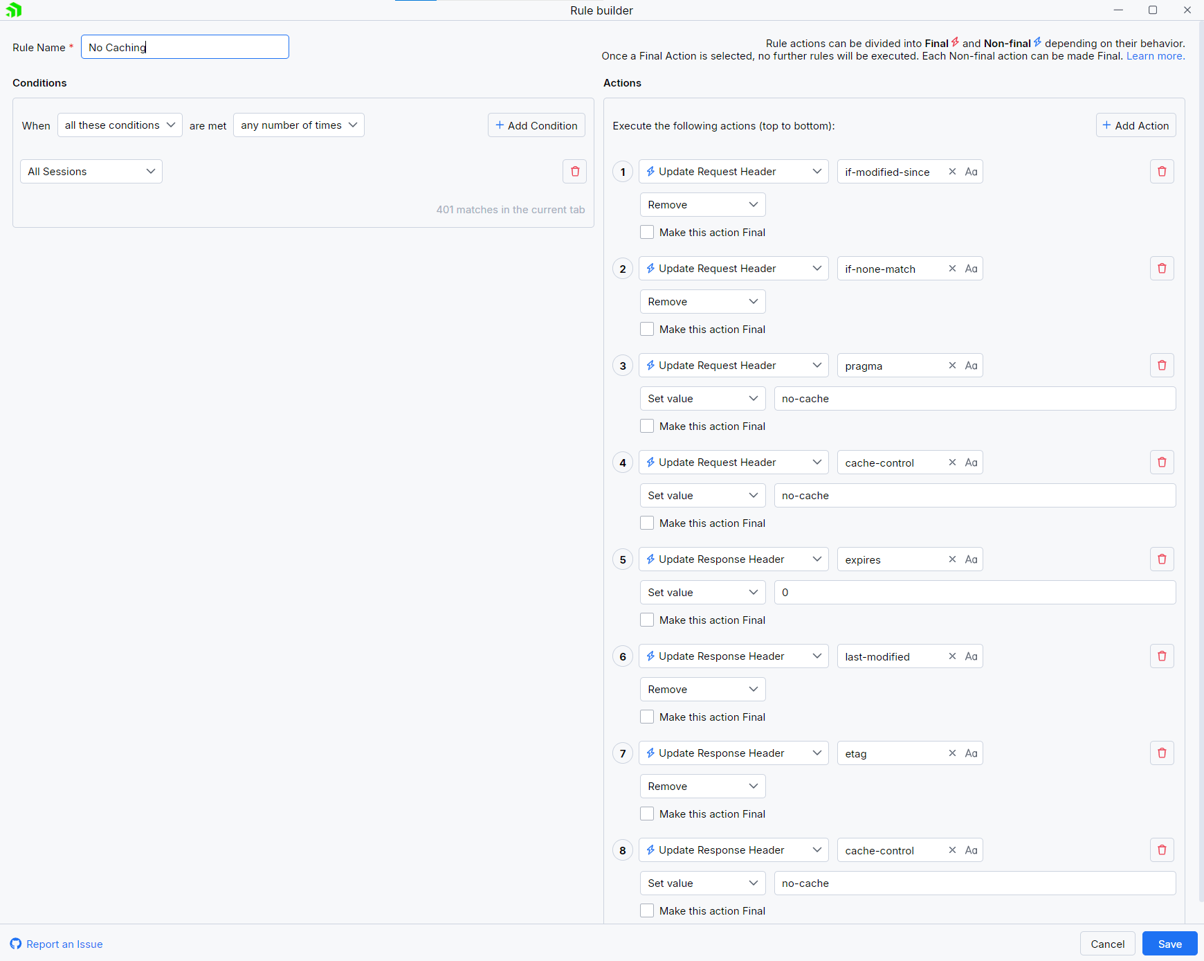 Creating "No Caching" rule