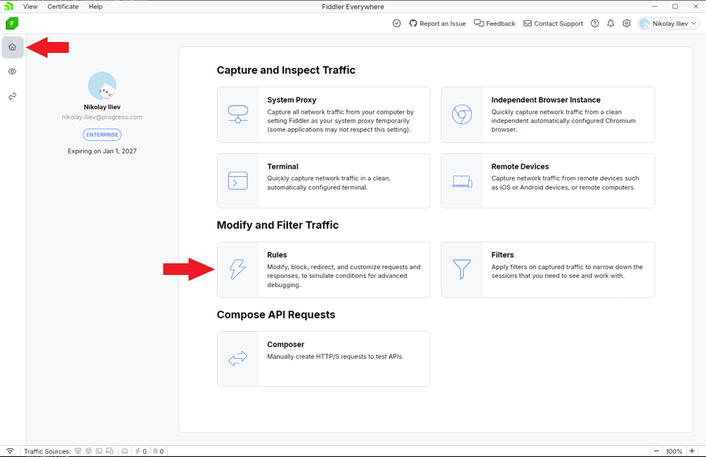 Using the Fiddler's rules from the Home pane