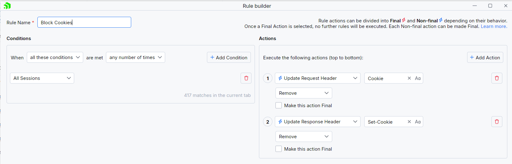 Creating "Block Cookies" rule