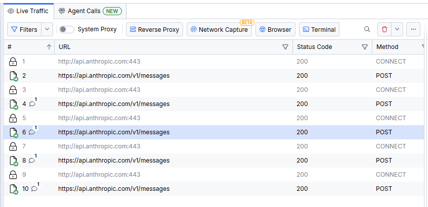 The cached endpoints in Fiddler's Live Traffic grid