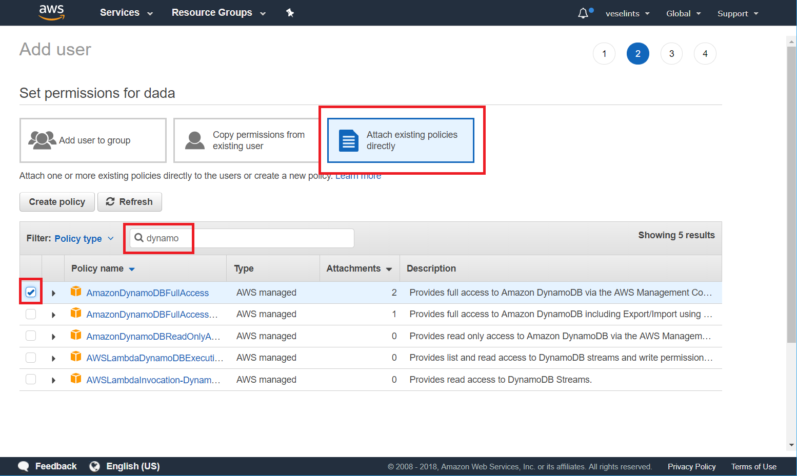 Kendo UI for Angular - Cloud Integration - How to configure the user permissions in Amazon DynamoDB
