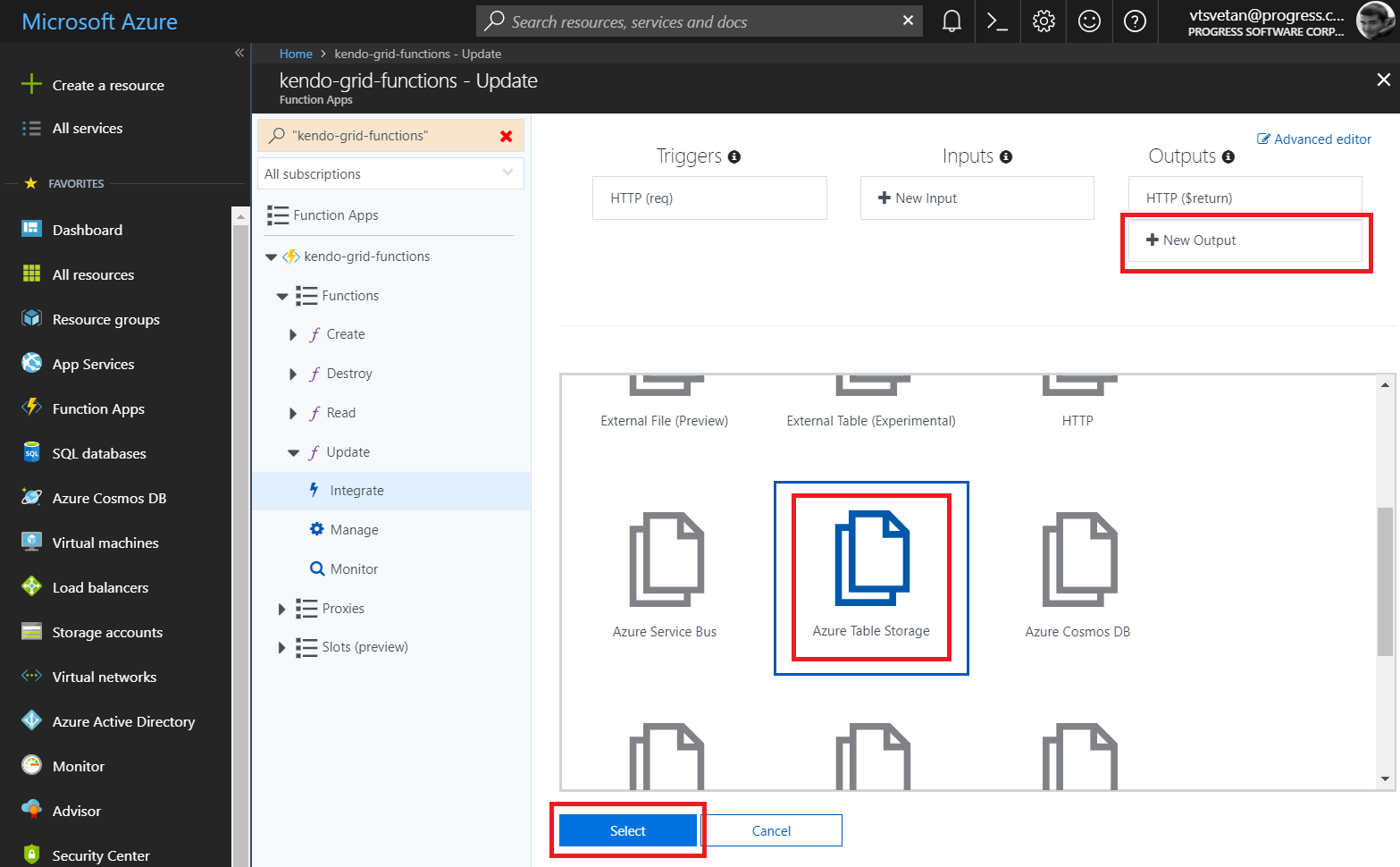 Kendo UI for Angular - Cloud Integration - Integrate new output for the function in Azure