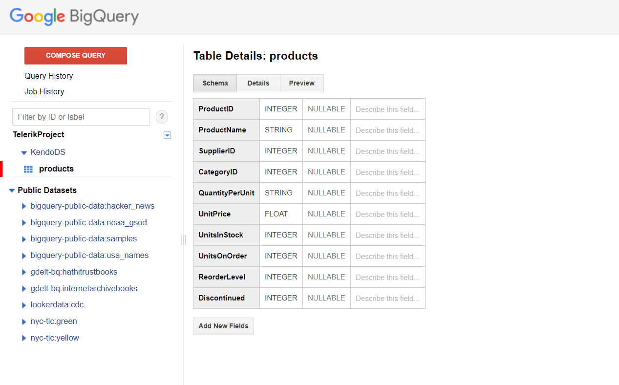 Kendo UI for Angular - Cloud Integration - Schema of the Products Table in the KendoDS DataSet