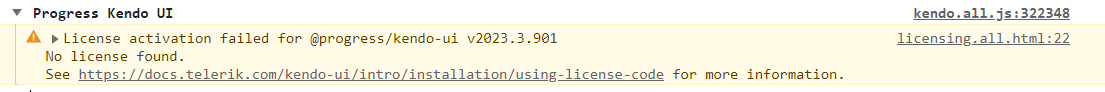 Browser console message: License activation failed for @progress/kendo-ui. No license found.