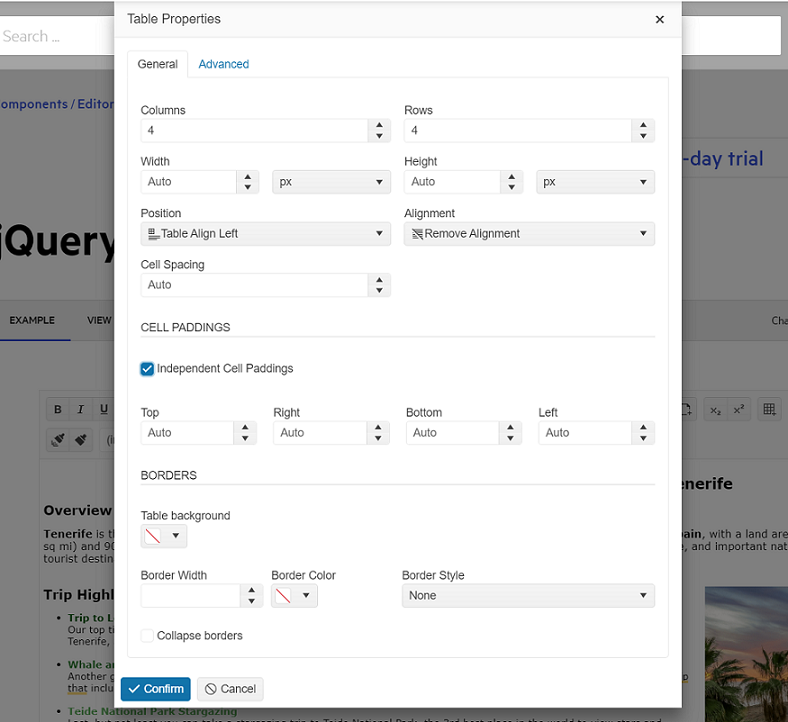 Kendo UI for jQuery Editor Table Wizard