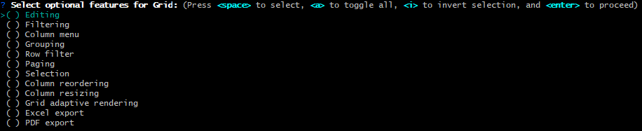 Select Grid features in the Kendo UI custom builder