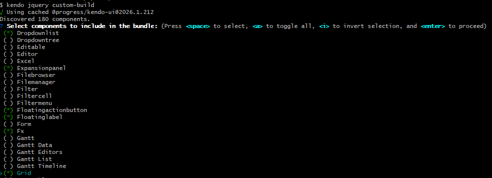 Select components in the Kendo UI custom builder