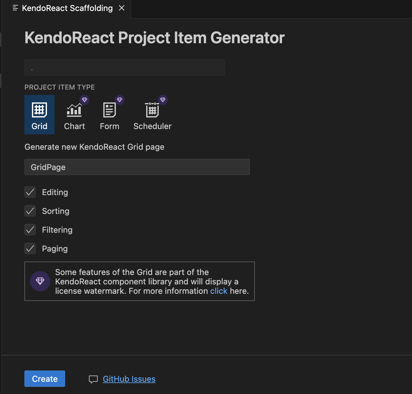 Scaffolders Wizard with the KendoReact Project Item Generator dialog with the Scheduler selected as a project item type