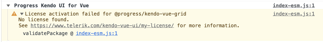 Kendo UI for Vue - Console Warning for a missing or invalid license