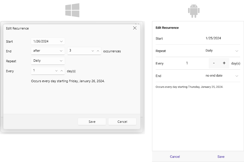 Telerik .NET MAUI Scheduler EditRecurrenceDialog