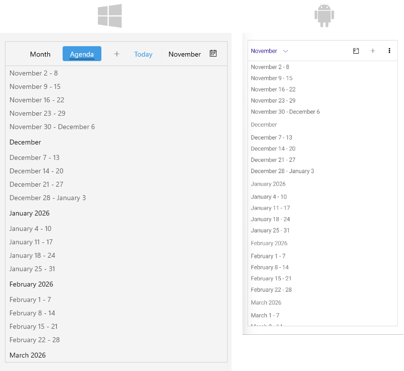 .NET MAUI Scheduler Agenda View