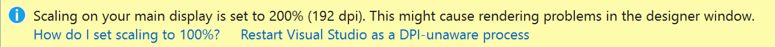 Informational bar in Visual Studio to restart in DPI-unaware mode
