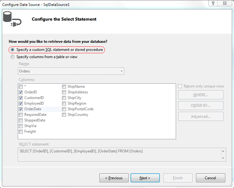 Specify a custom SQL statement