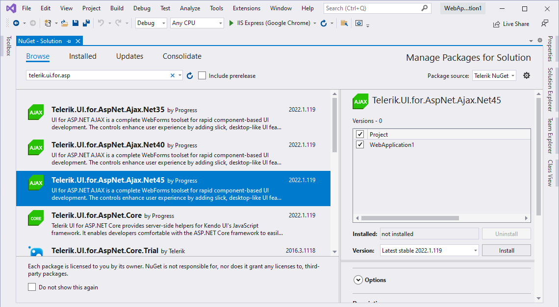 Adding the Telerik® UI for ASP.NET AJAX package to the solution
