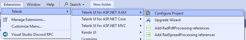 Telerik menu - configure project