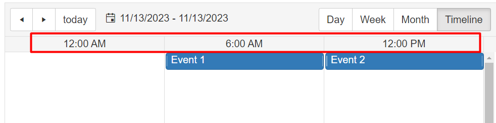 Scheduler in TimeLine view with ColumnHeaderDateFormat set to 't' scheduler-views-timelineview-columnheaderdateformat
